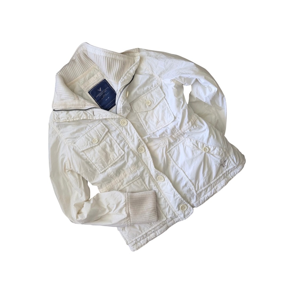 2000s Y2K American Eagle Ivory Utility Field Jacket Quilted Ribbed Knit Trim Med